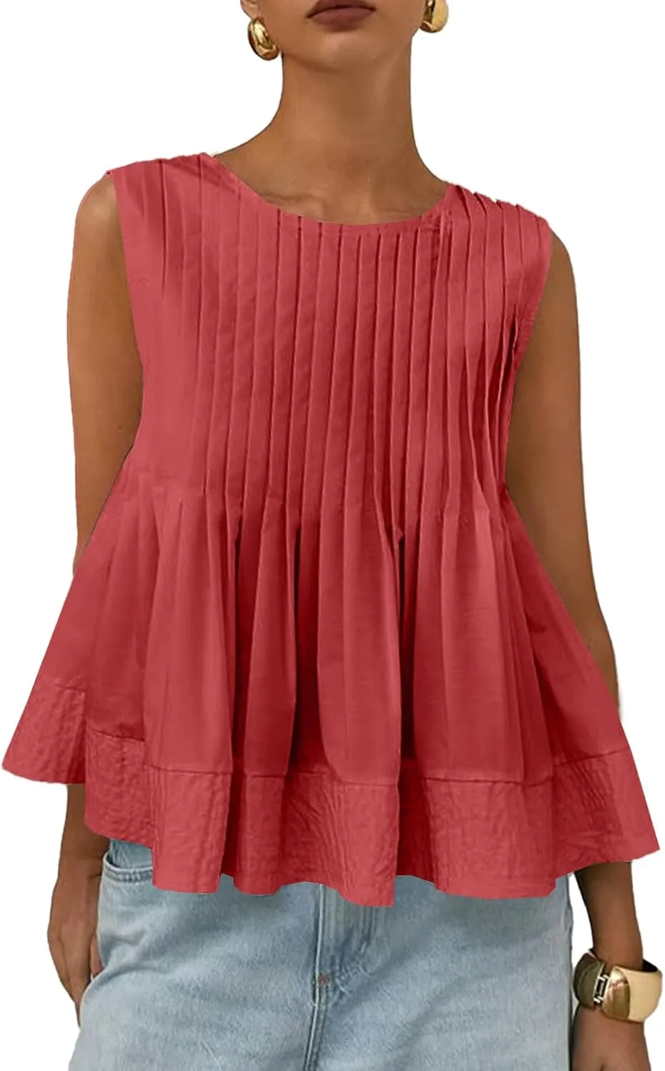 Women's Pleated Peplum Sleeveless Blouses Babydoll Ruffle Hem Tank Tops Y2K Round Neck Blouse Shirt