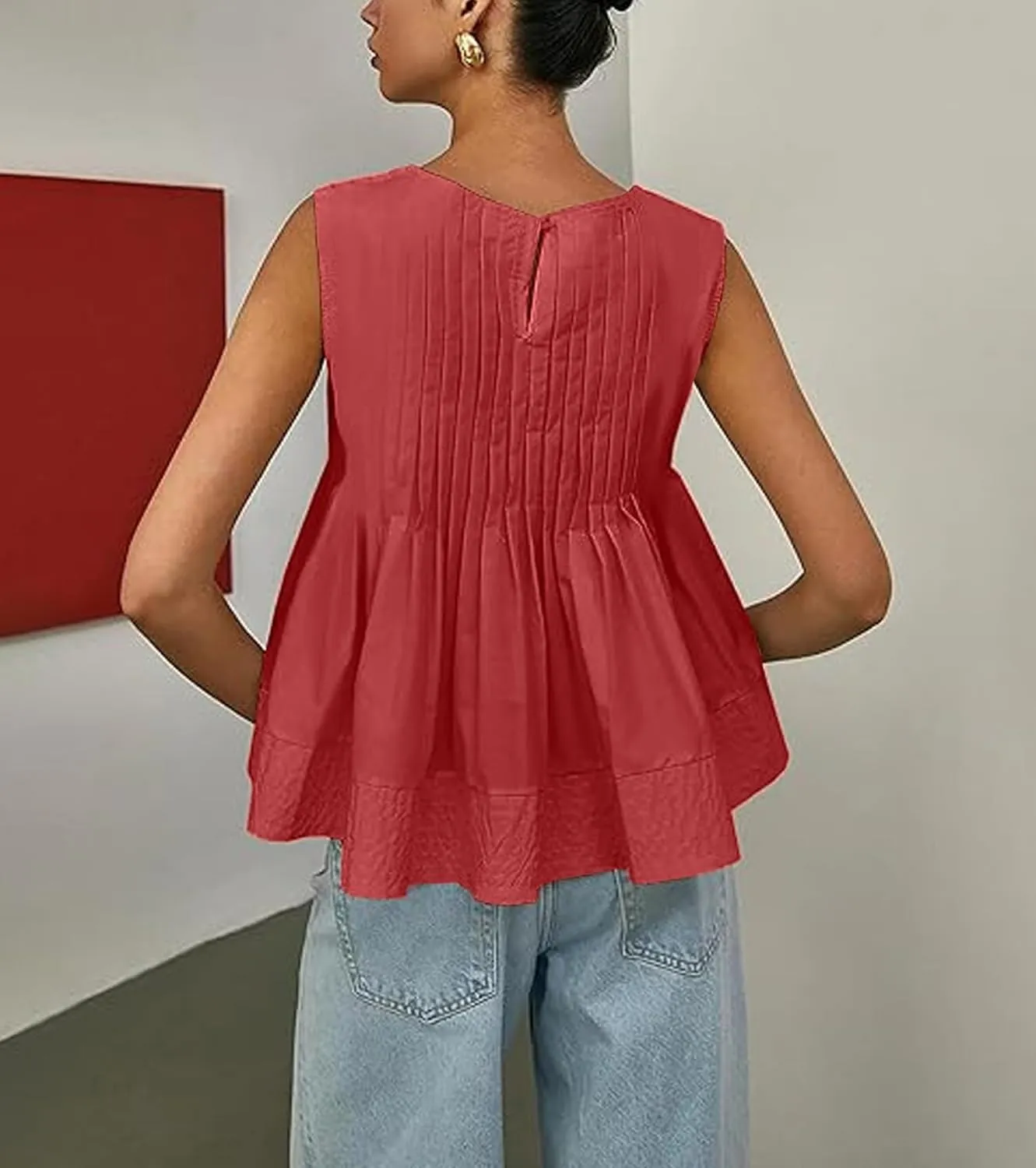 Women's Pleated Peplum Sleeveless Blouses Babydoll Ruffle Hem Tank Tops Y2K Round Neck Blouse Shirt