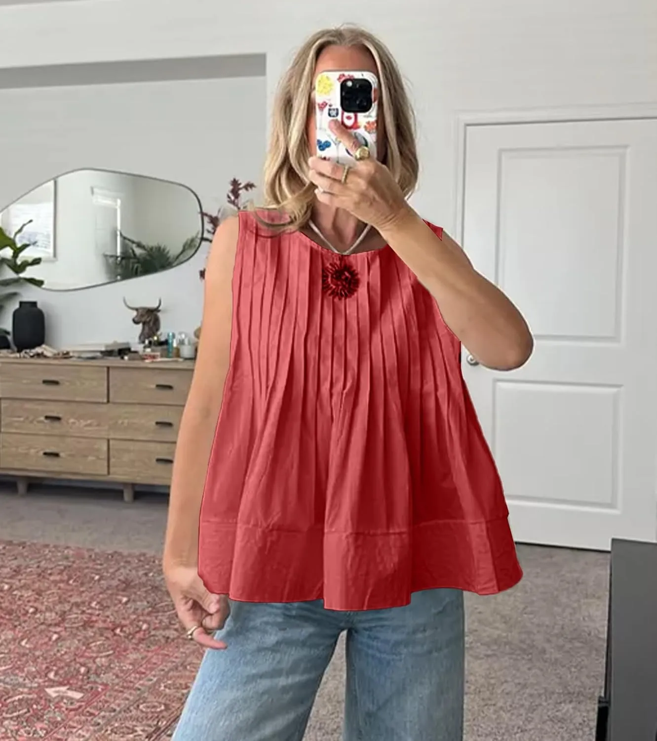 Women's Pleated Peplum Sleeveless Blouses Babydoll Ruffle Hem Tank Tops Y2K Round Neck Blouse Shirt