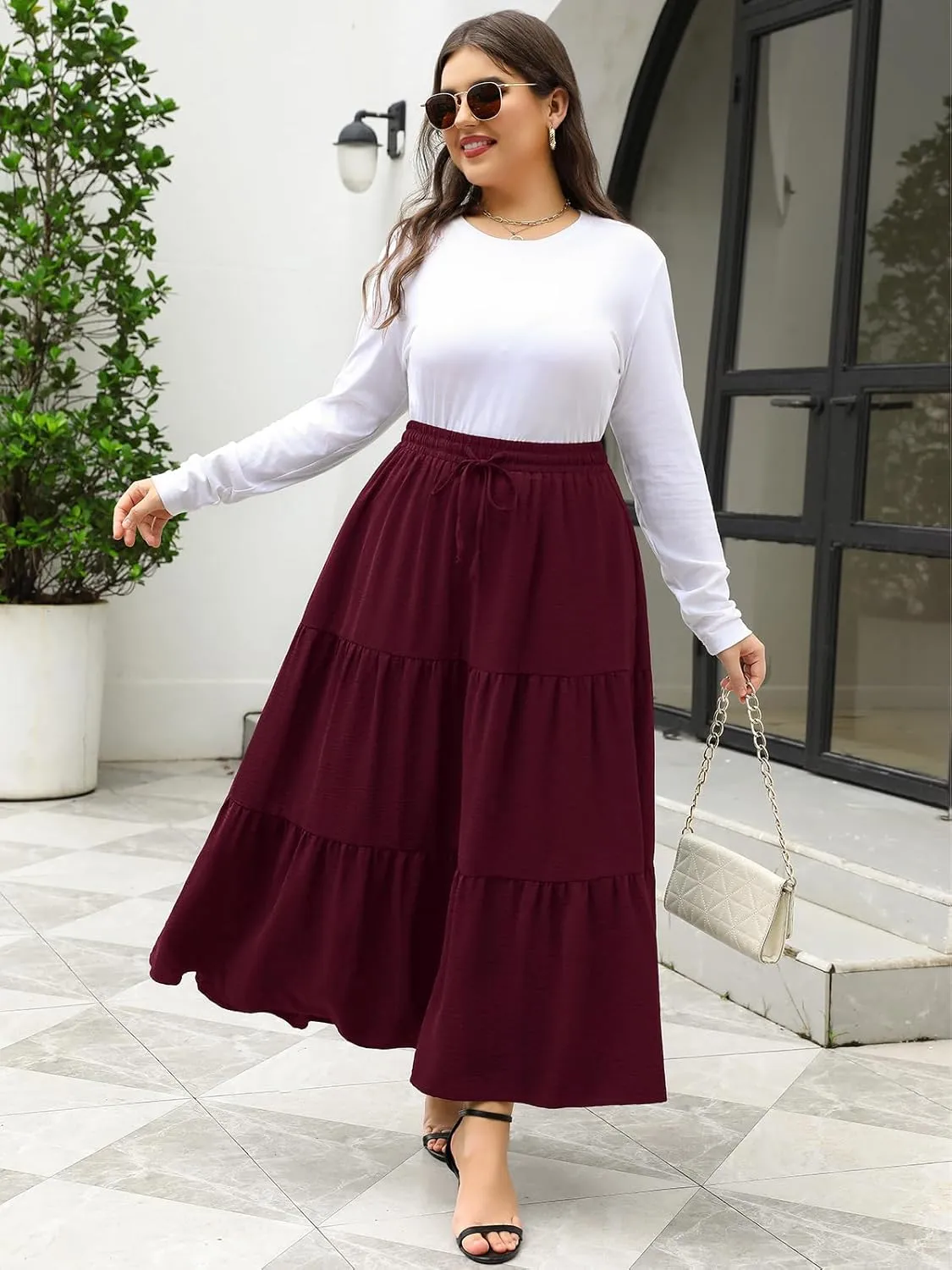 Women's Plus Size Long Maxi Skirt 1x-4x Elastic Waist Tie Drawstring Crinkle Flowy A-line Skirts with Pockets