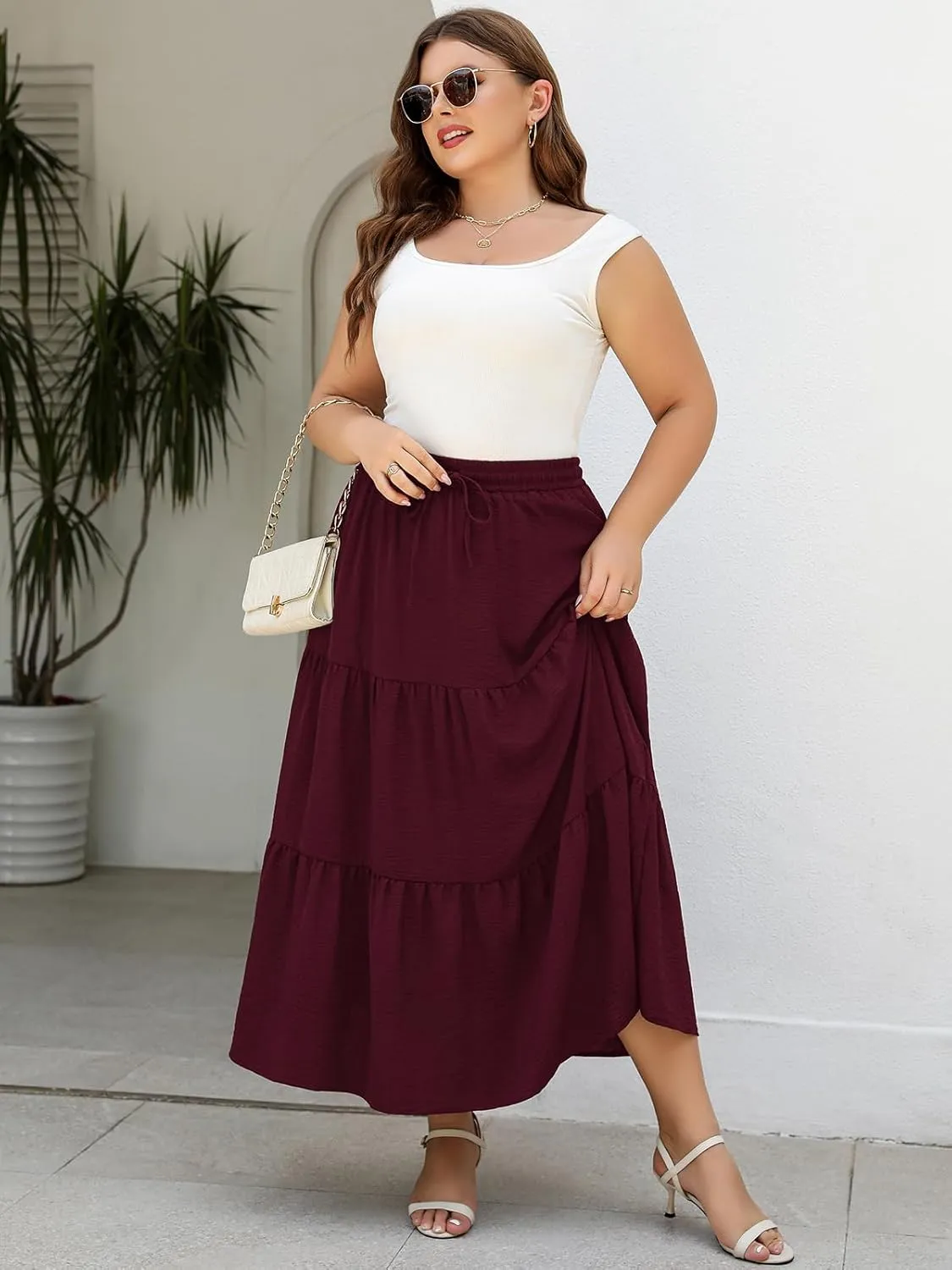 Women's Plus Size Long Maxi Skirt 1x-4x Elastic Waist Tie Drawstring Crinkle Flowy A-line Skirts with Pockets