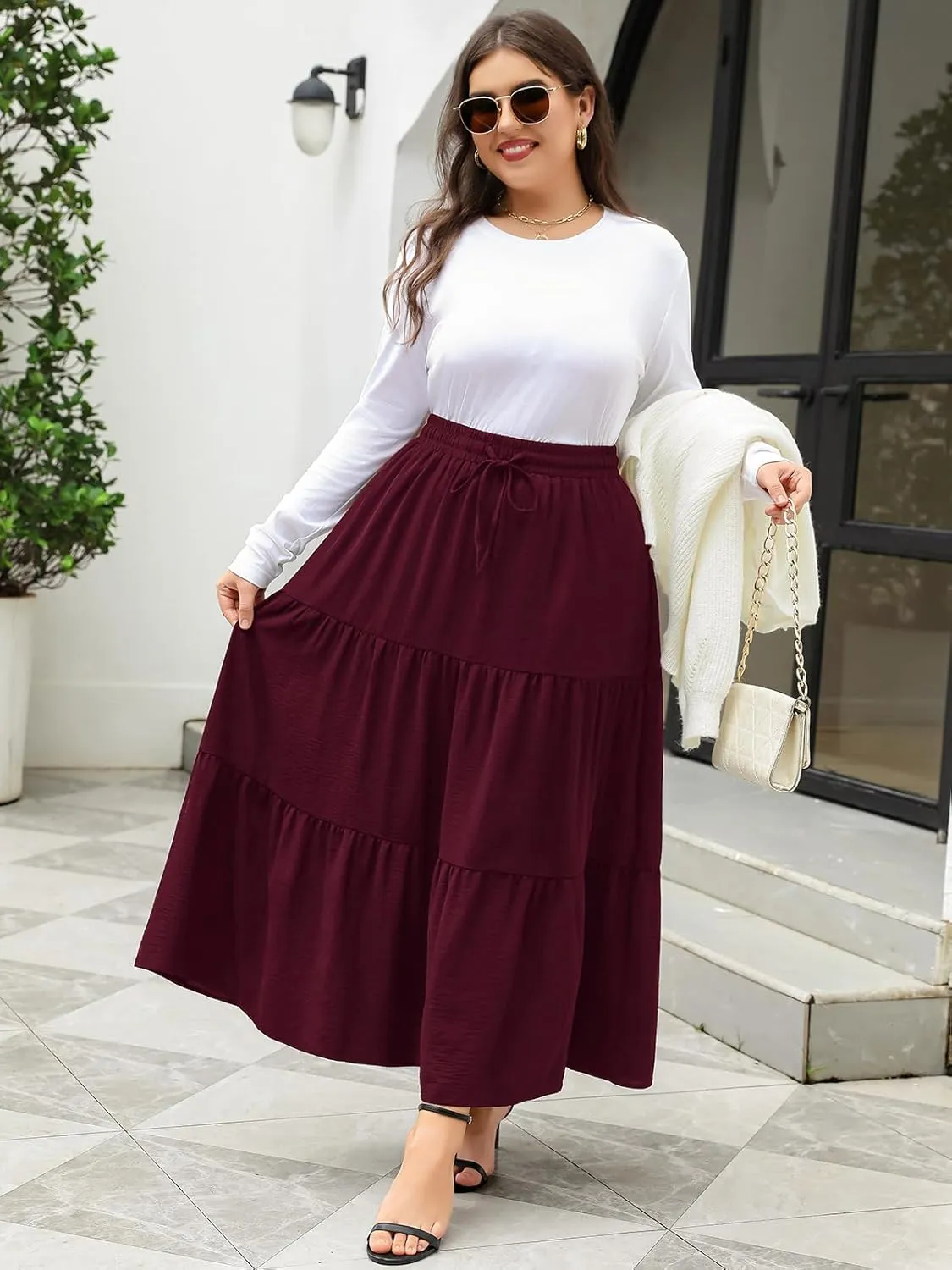 Women's Plus Size Long Maxi Skirt 1x-4x Elastic Waist Tie Drawstring Crinkle Flowy A-line Skirts with Pockets
