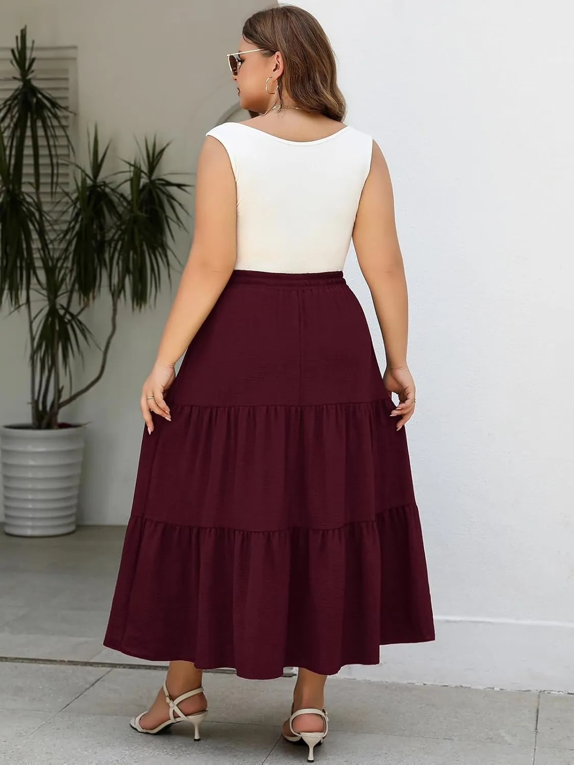 Women's Plus Size Long Maxi Skirt 1x-4x Elastic Waist Tie Drawstring Crinkle Flowy A-line Skirts with Pockets