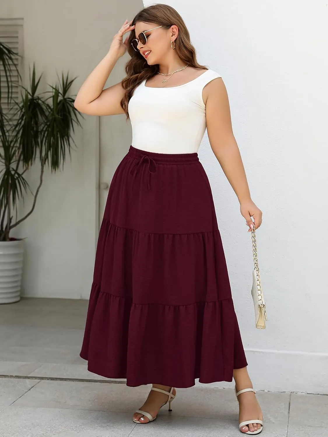 Women's Plus Size Long Maxi Skirt 1x-4x Elastic Waist Tie Drawstring Crinkle Flowy A-line Skirts with Pockets