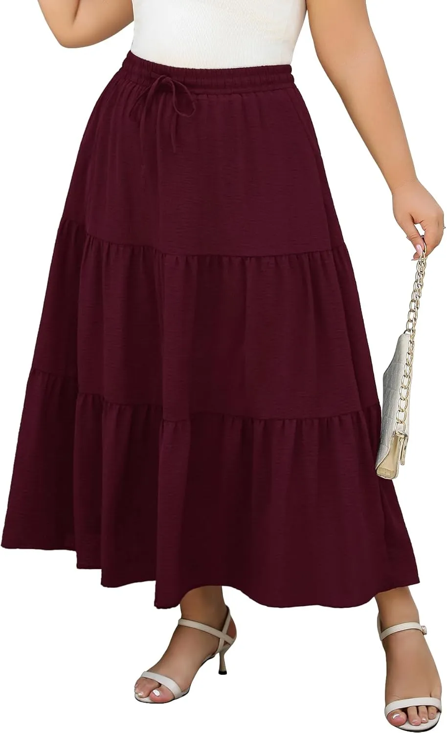 Women's Plus Size Long Maxi Skirt 1x-4x Elastic Waist Tie Drawstring Crinkle Flowy A-line Skirts with Pockets