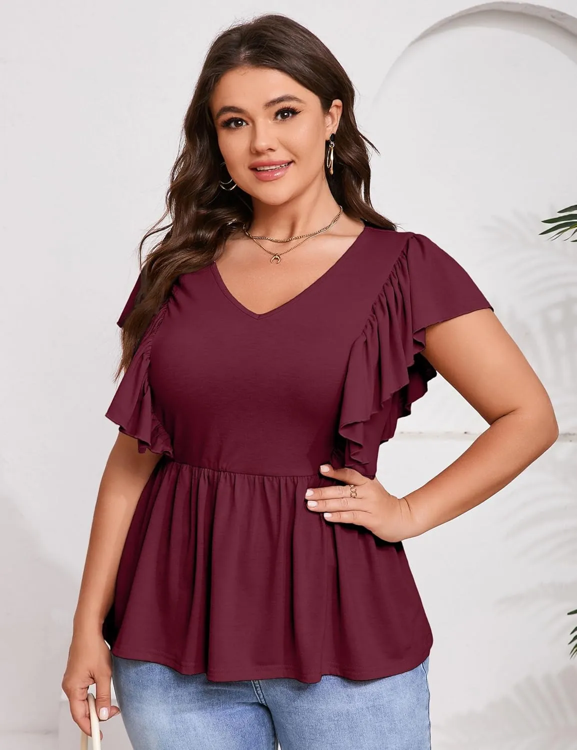 Womens Plus Size Peplum Summer Tops Short Sleeve Casual Blouse Ruffle V Neck T Shirts