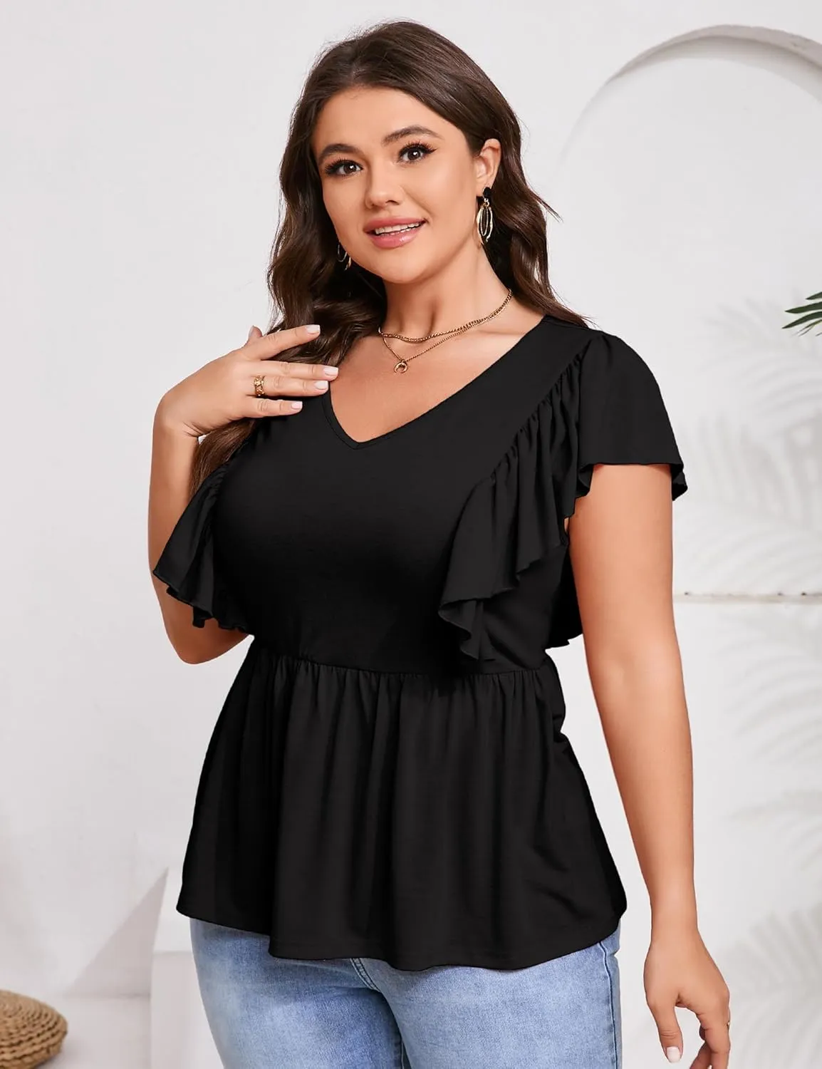 Womens Plus Size Peplum Summer Tops Short Sleeve Casual Blouse Ruffle V Neck T Shirts