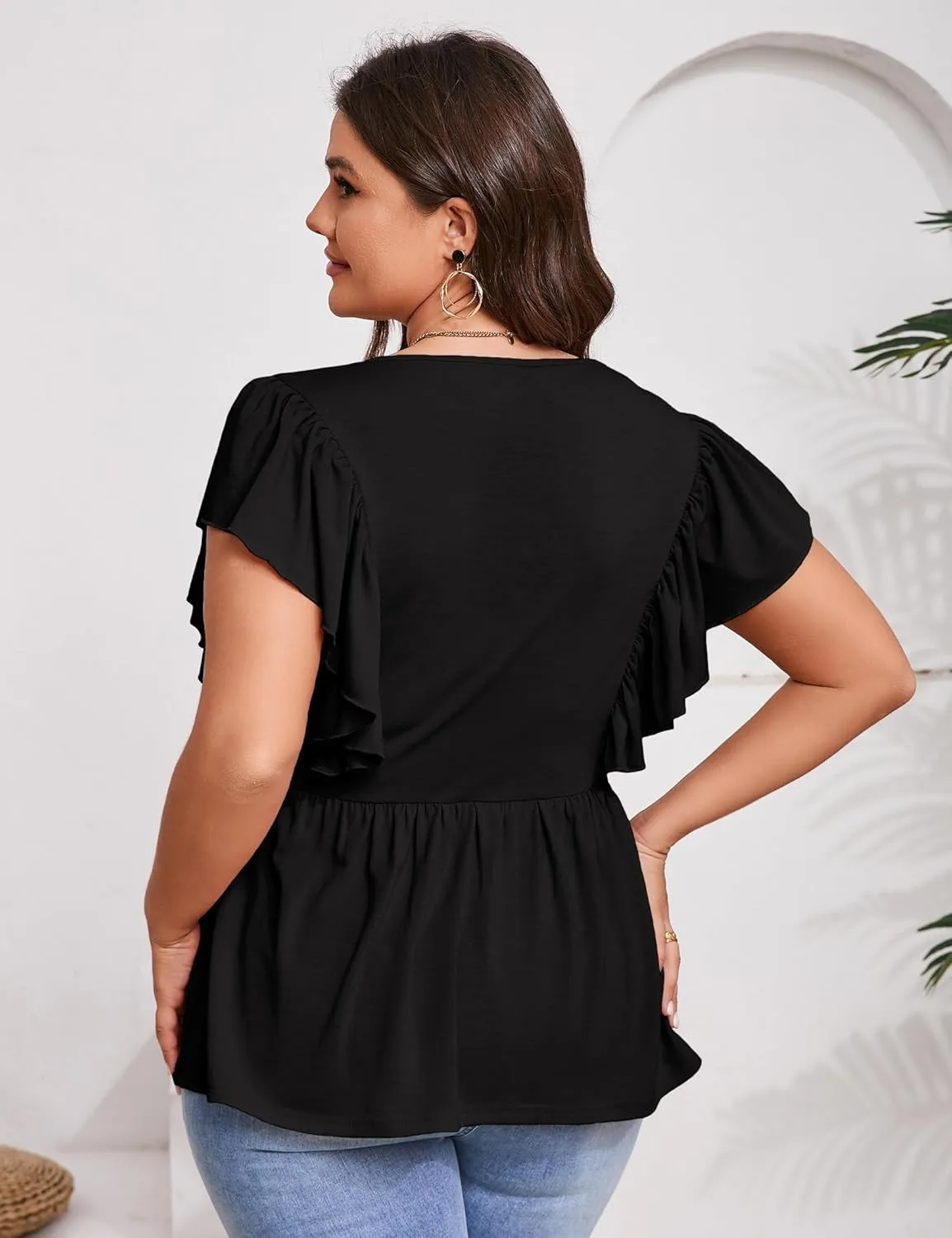 Womens Plus Size Peplum Summer Tops Short Sleeve Casual Blouse Ruffle V Neck T Shirts