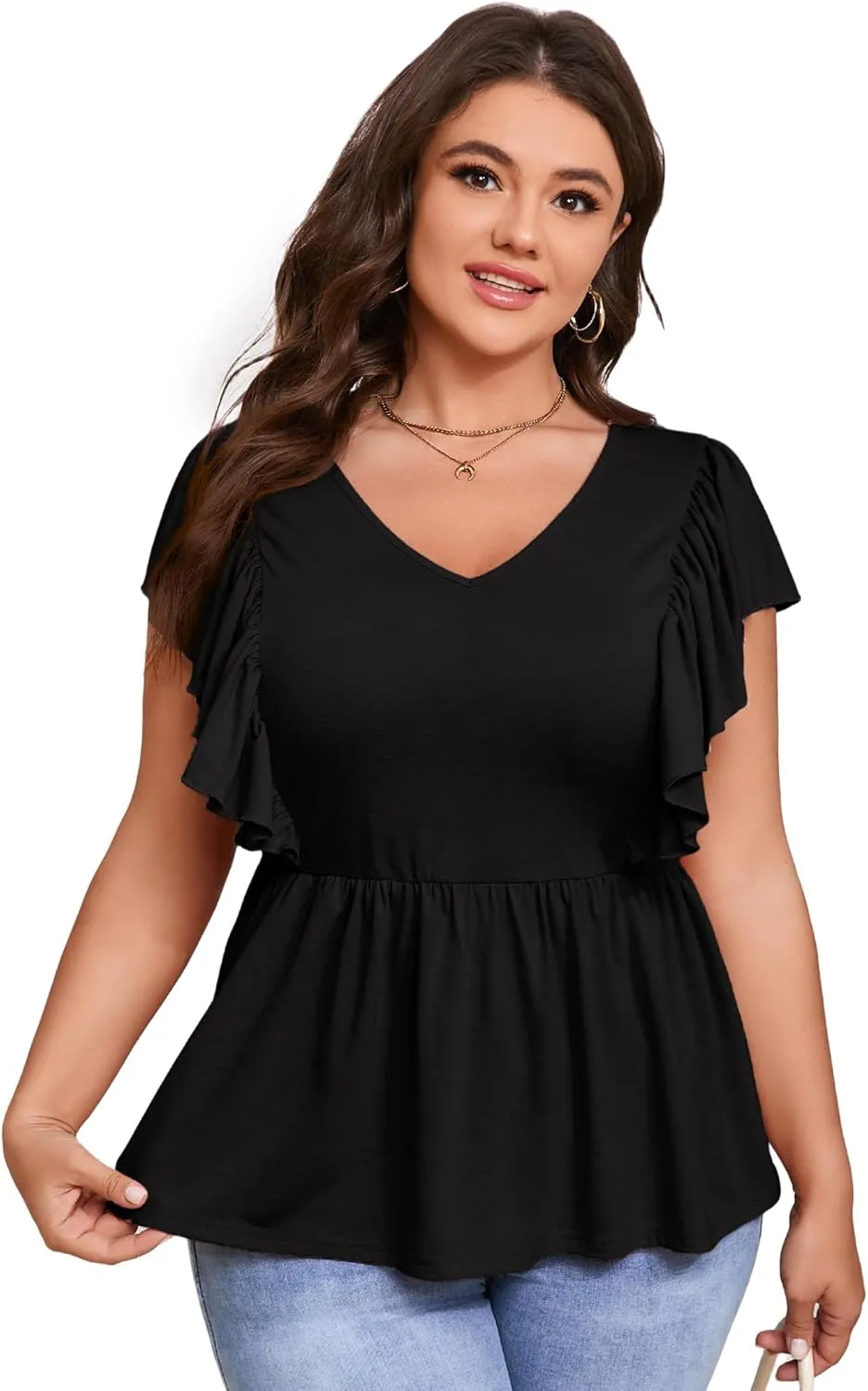 Womens Plus Size Peplum Summer Tops Short Sleeve Casual Blouse Ruffle V Neck T Shirts
