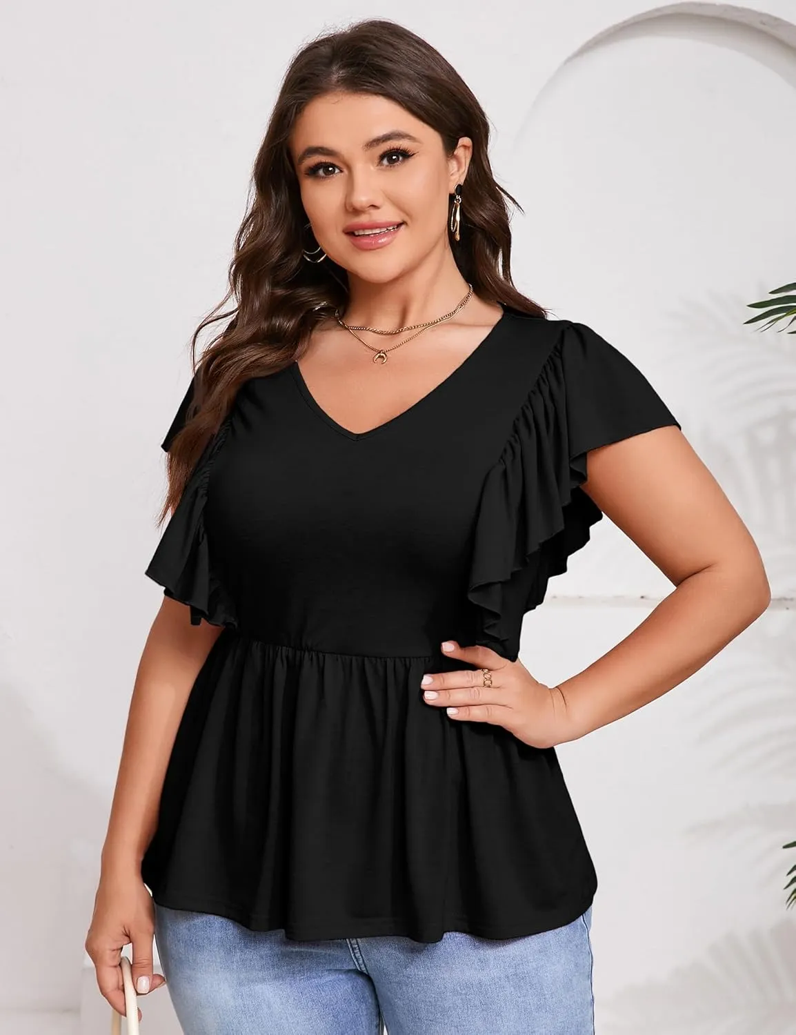 Womens Plus Size Peplum Summer Tops Short Sleeve Casual Blouse Ruffle V Neck T Shirts