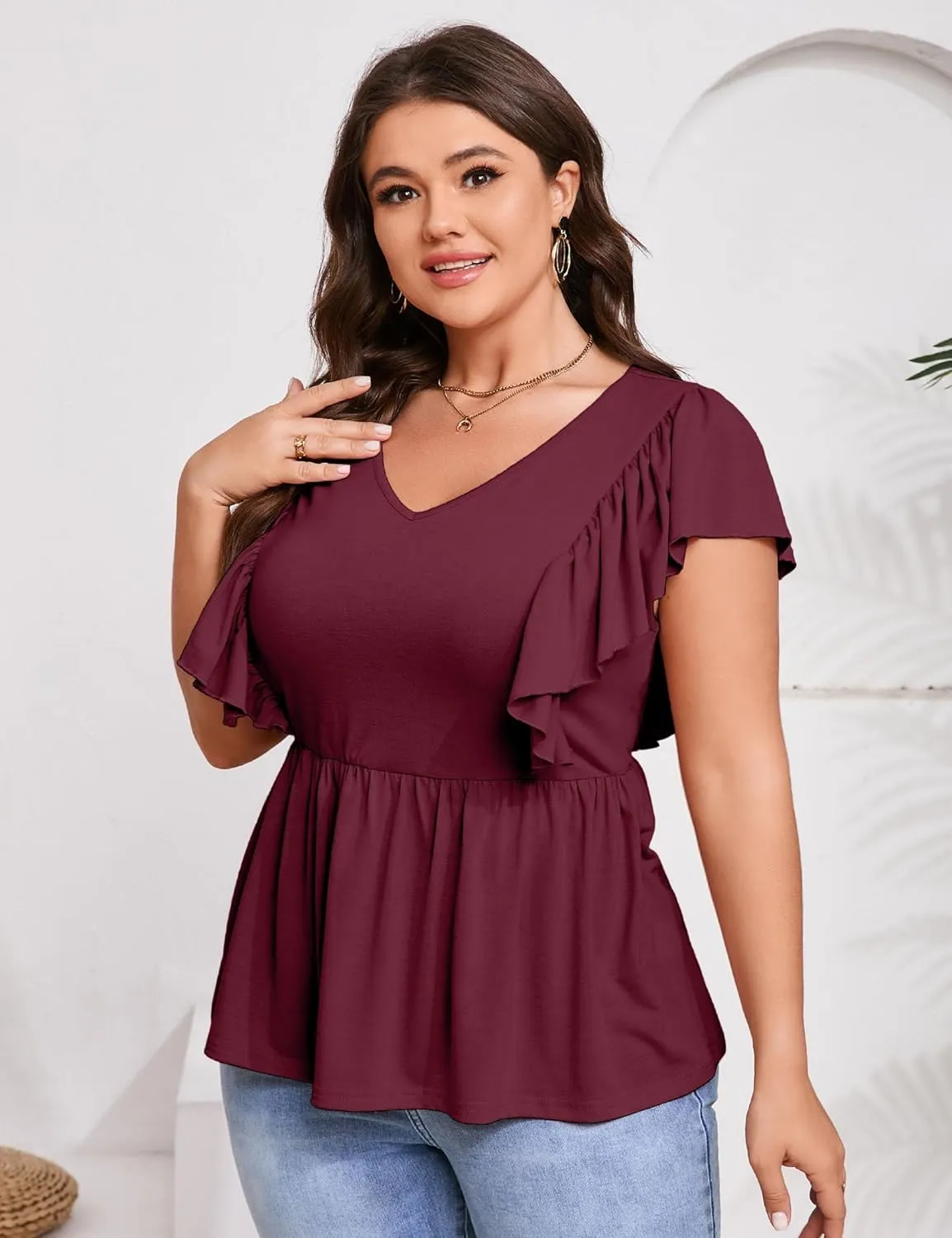 Womens Plus Size Peplum Summer Tops Short Sleeve Casual Blouse Ruffle V Neck T Shirts