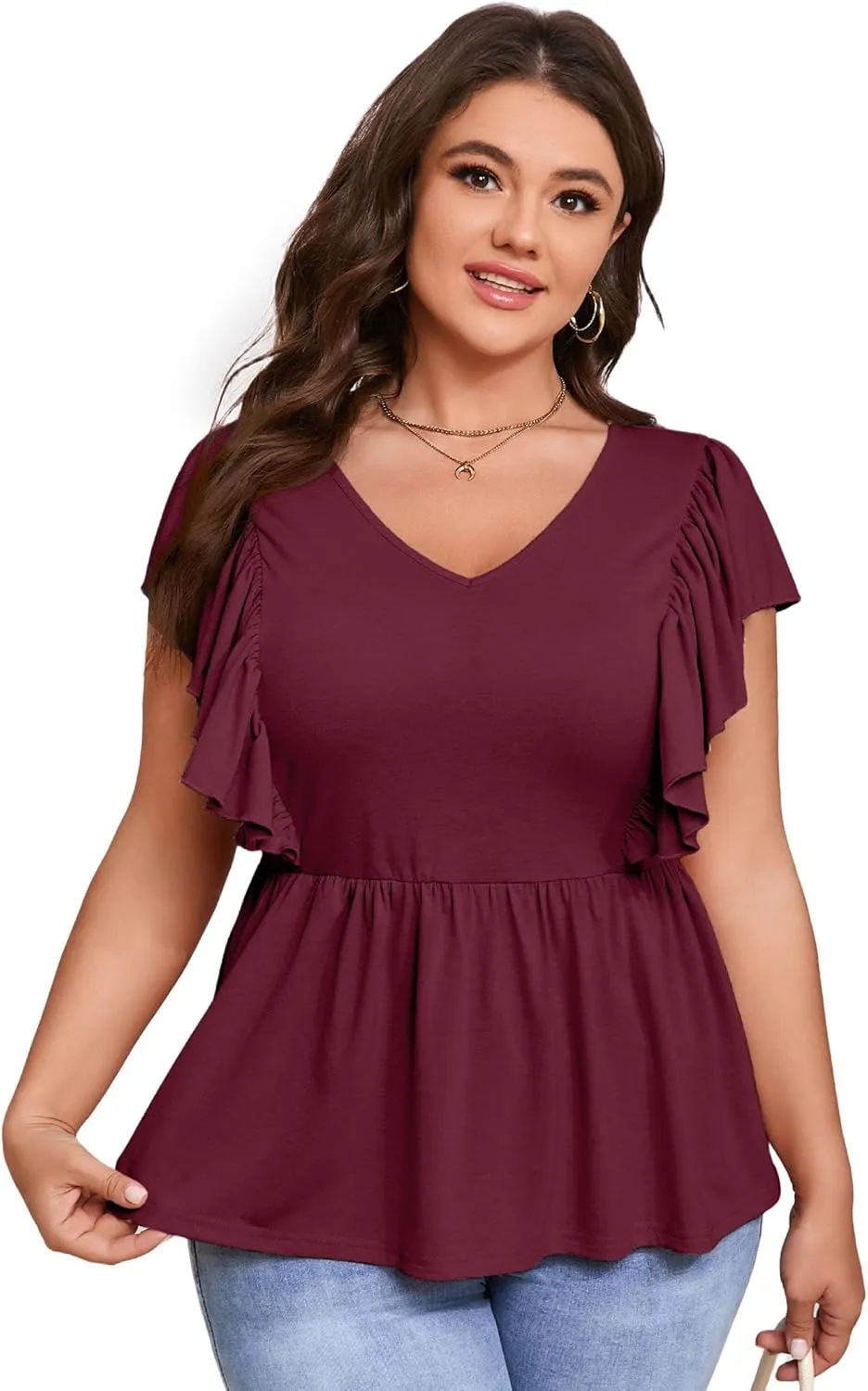 Womens Plus Size Peplum Summer Tops Short Sleeve Casual Blouse Ruffle V Neck T Shirts