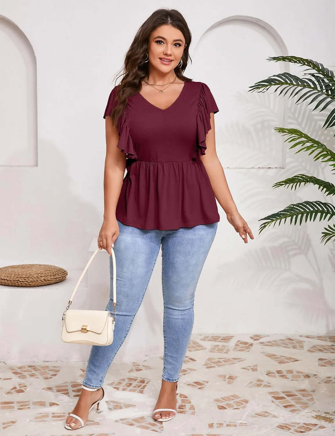 Womens Plus Size Peplum Summer Tops Short Sleeve Casual Blouse Ruffle V Neck T Shirts