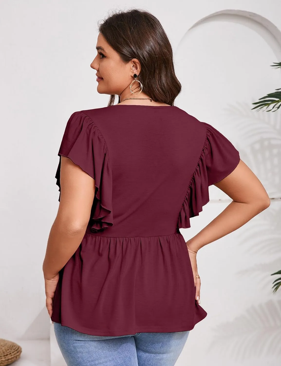 Womens Plus Size Peplum Summer Tops Short Sleeve Casual Blouse Ruffle V Neck T Shirts