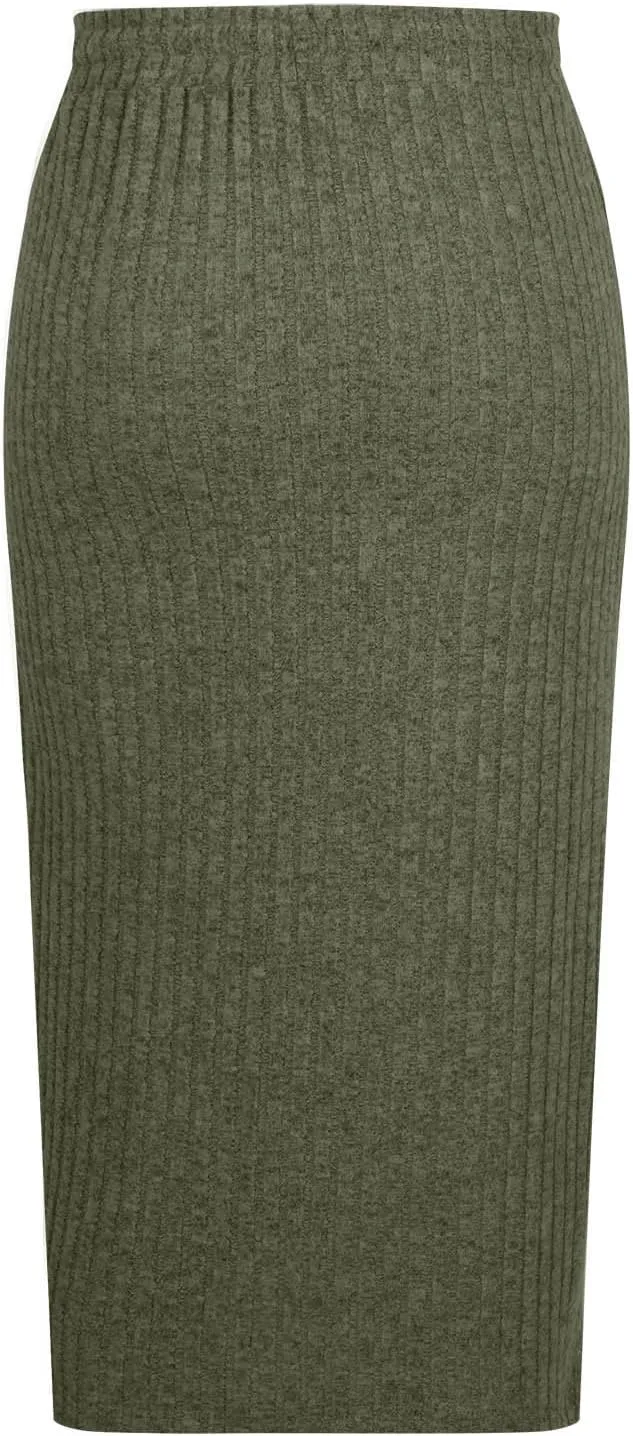 Women's Ribbed Knit Bodycon Maxi Skirt High Waisted Office Pencil Long Skirts Stretchy Mid Length Skirts with Pocket