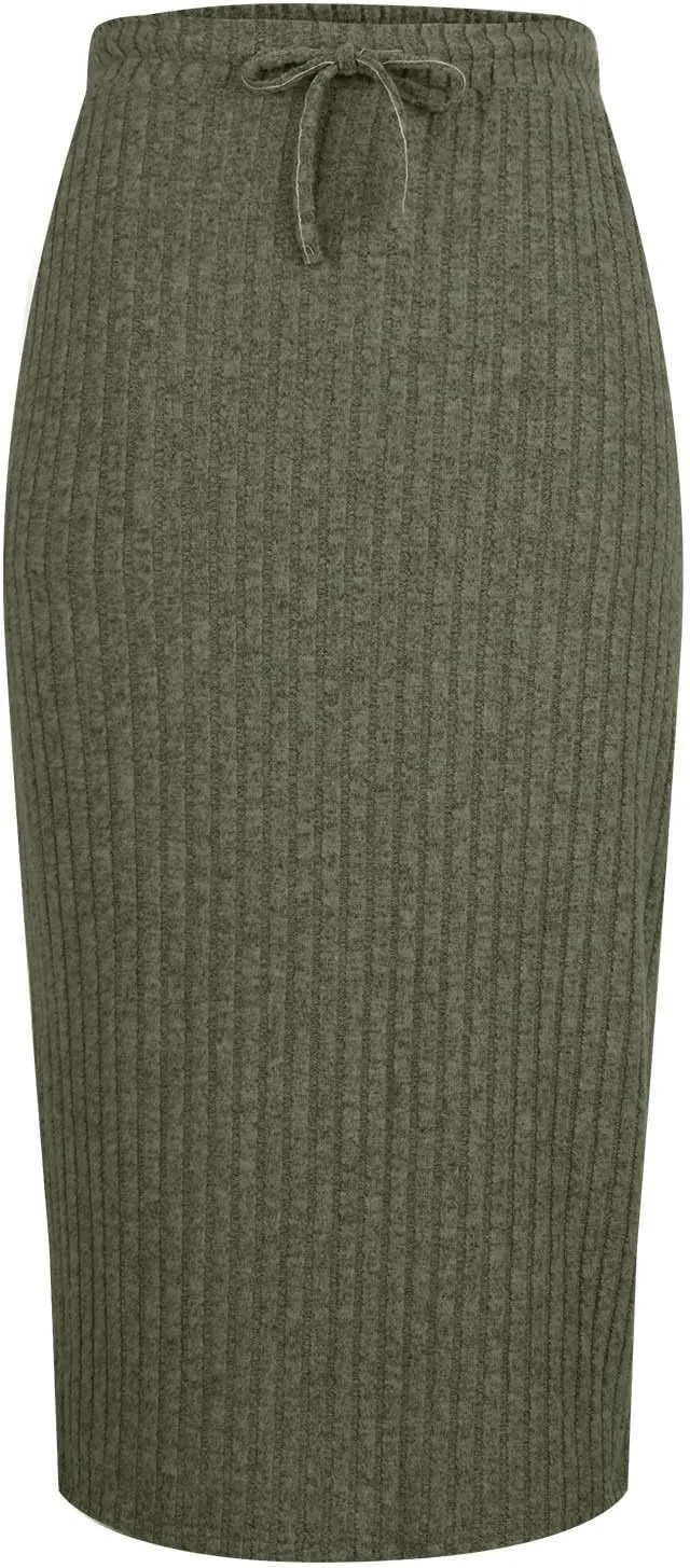 Women's Ribbed Knit Bodycon Maxi Skirt High Waisted Office Pencil Long Skirts Stretchy Mid Length Skirts with Pocket