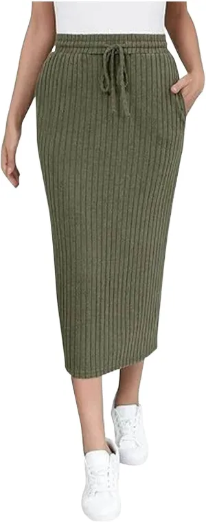 Women's Ribbed Knit Bodycon Maxi Skirt High Waisted Office Pencil Long Skirts Stretchy Mid Length Skirts with Pocket