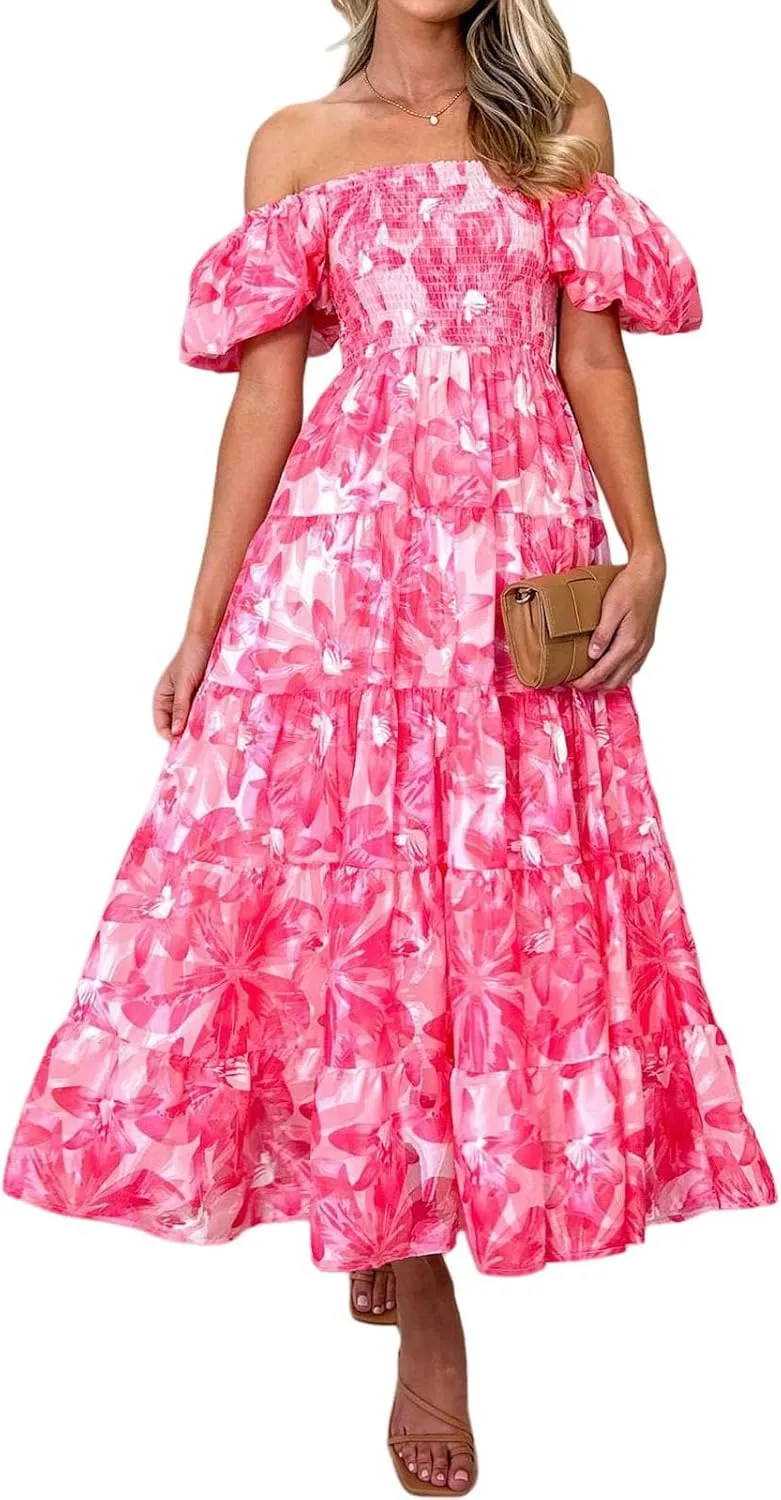 Women's Ruffle Floral Maxi Summer Dress 2025 Boho Off Shoulder Puff Sleeve Smocked Flowy Beach Dresses