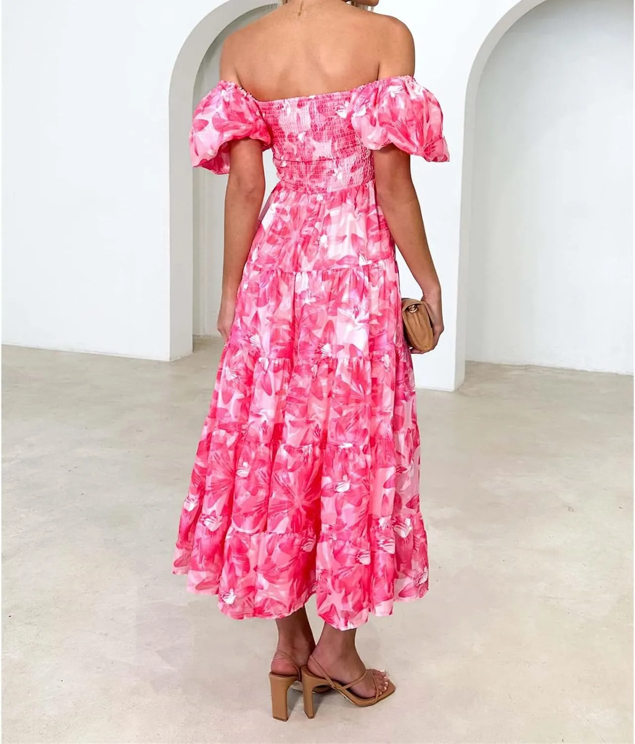 Women's Ruffle Floral Maxi Summer Dress 2025 Boho Off Shoulder Puff Sleeve Smocked Flowy Beach Dresses