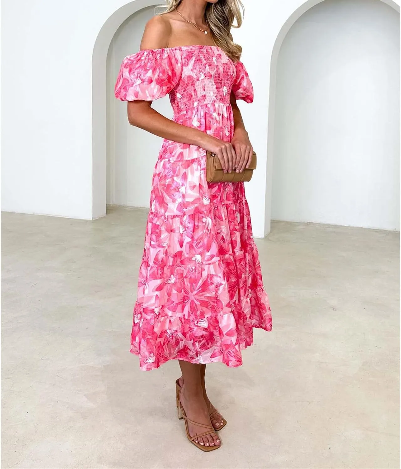Women's Ruffle Floral Maxi Summer Dress 2025 Boho Off Shoulder Puff Sleeve Smocked Flowy Beach Dresses