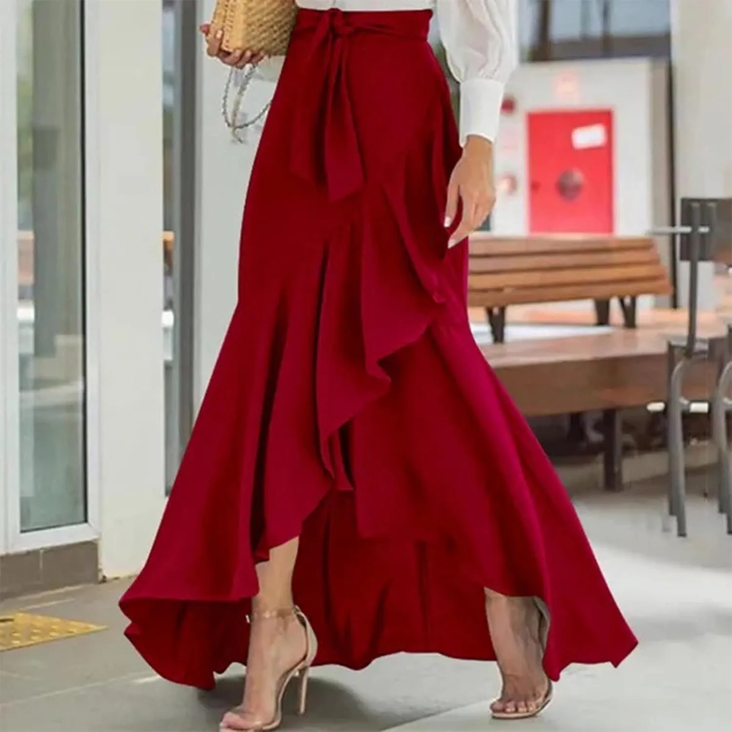 Women's Ruffle Pants Tie High Waist Maxi Skirt Wrap Hip Elegant Flowy Irregular Mermaid Fishtail Hem Chic Maxi Skirt