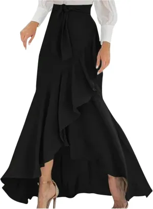 Women's Ruffle Pants Tie High Waist Maxi Skirt Wrap Hip Elegant Flowy Irregular Mermaid Fishtail Hem Chic Maxi Skirt