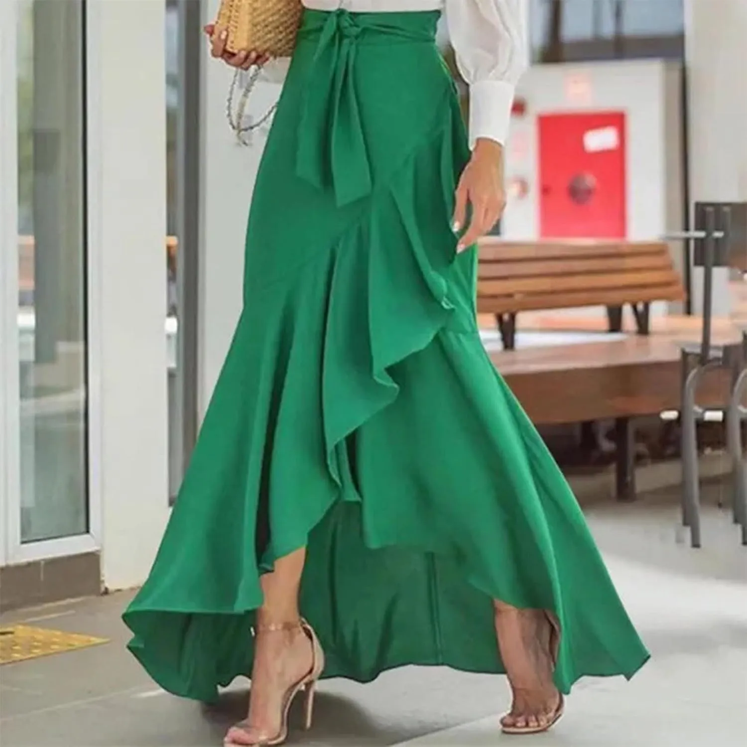 Women's Ruffle Pants Tie High Waist Maxi Skirt Wrap Hip Elegant Flowy Irregular Mermaid Fishtail Hem Chic Maxi Skirt