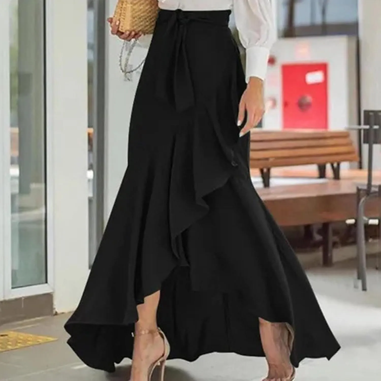 Women's Ruffle Pants Tie High Waist Maxi Skirt Wrap Hip Elegant Flowy Irregular Mermaid Fishtail Hem Chic Maxi Skirt