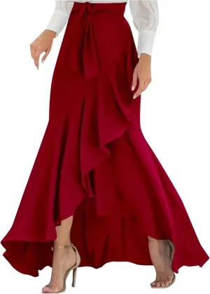 Women's Ruffle Pants Tie High Waist Maxi Skirt Wrap Hip Elegant Flowy Irregular Mermaid Fishtail Hem Chic Maxi Skirt