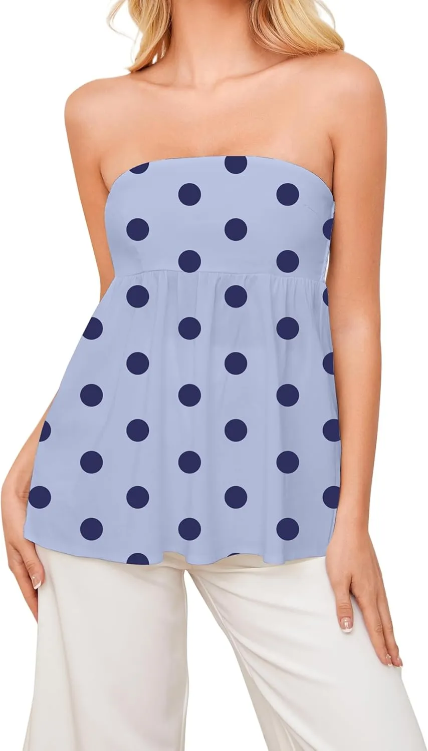 Womens Ruffle Peplum Tube Top Smocked Backless Long Tube Tops Casual Sleeveless Strapless Flowy Tank Top
