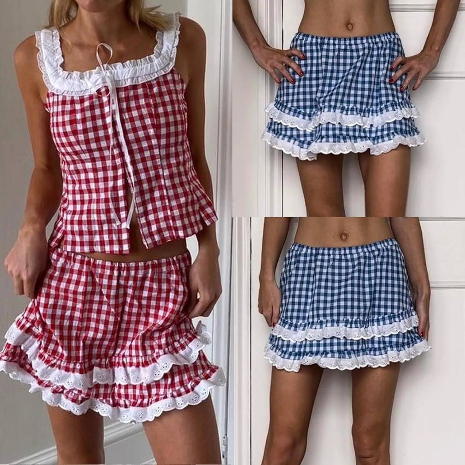 Womens School Uniform Cosplay Costume Plaid Pleated Short Skirt Y2k Teen Girls Pleated Ruffle Lace Hem Mini Skirts