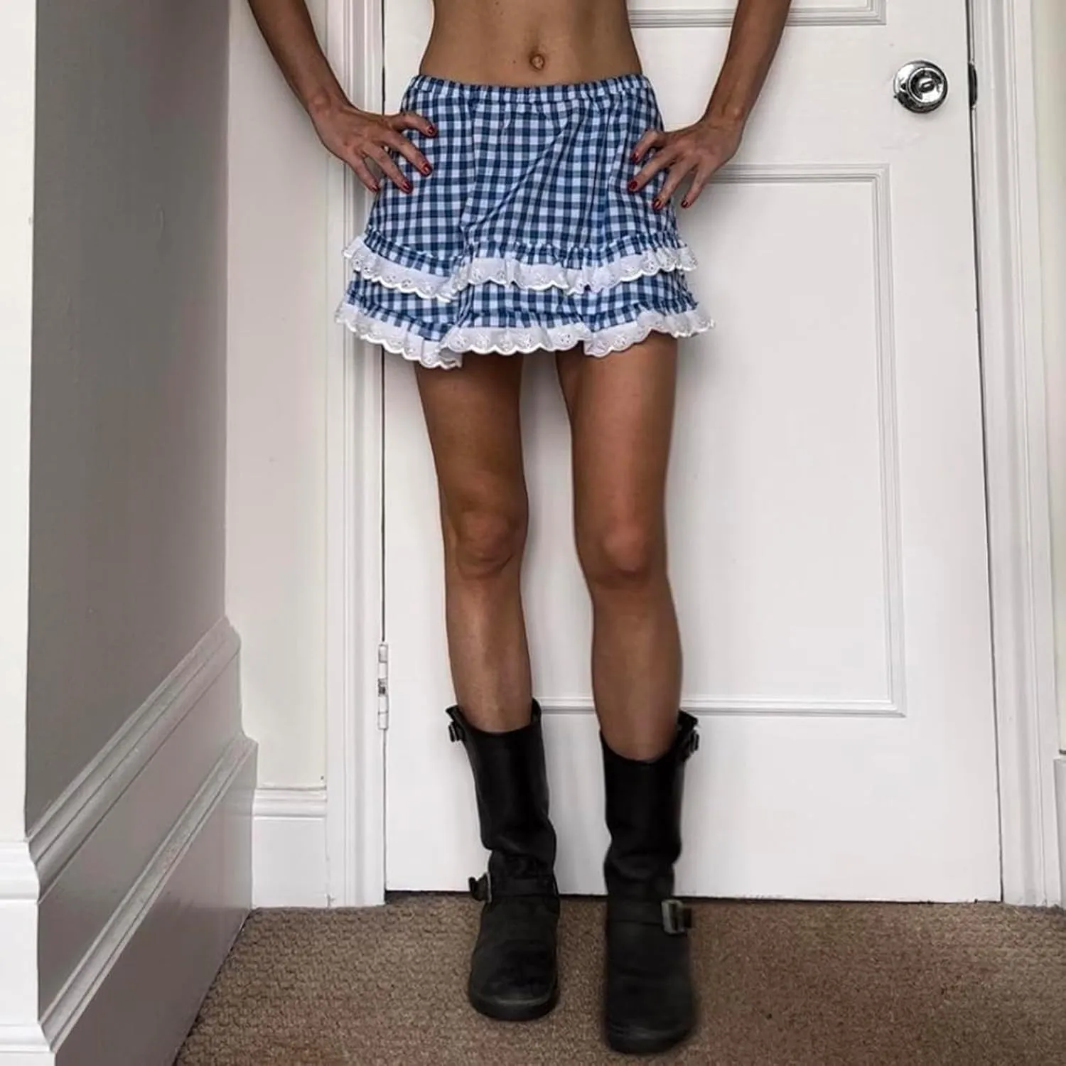 Womens School Uniform Cosplay Costume Plaid Pleated Short Skirt Y2k Teen Girls Pleated Ruffle Lace Hem Mini Skirts
