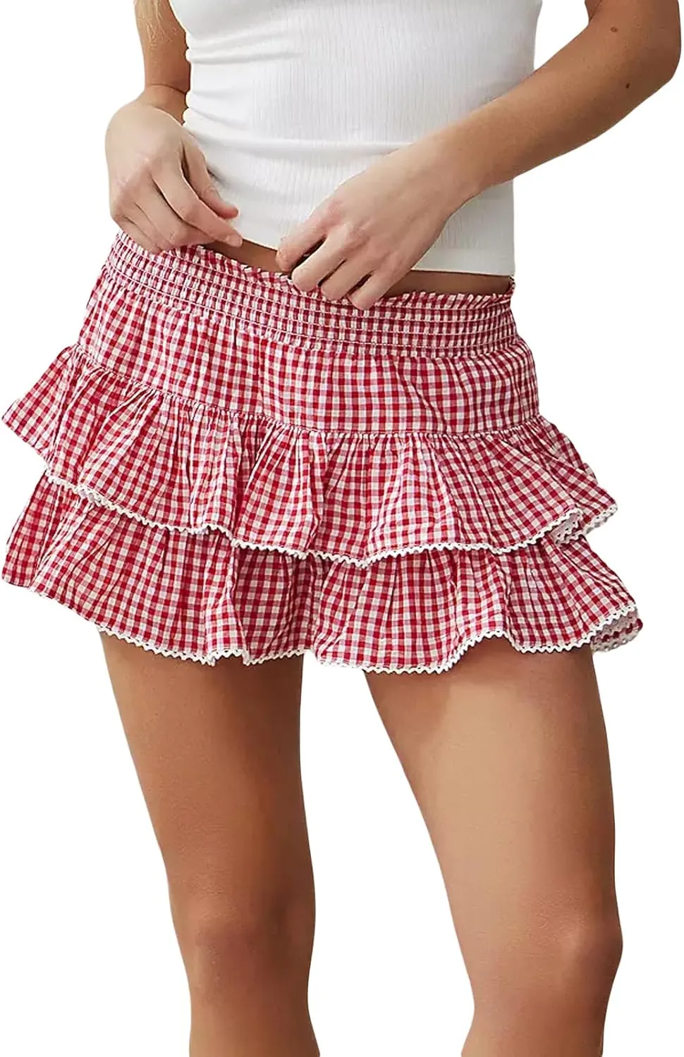 Womens School Uniform Cosplay Costume Plaid Pleated Short Skirt Y2k Teen Girls Pleated Ruffle Lace Hem Mini Skirts