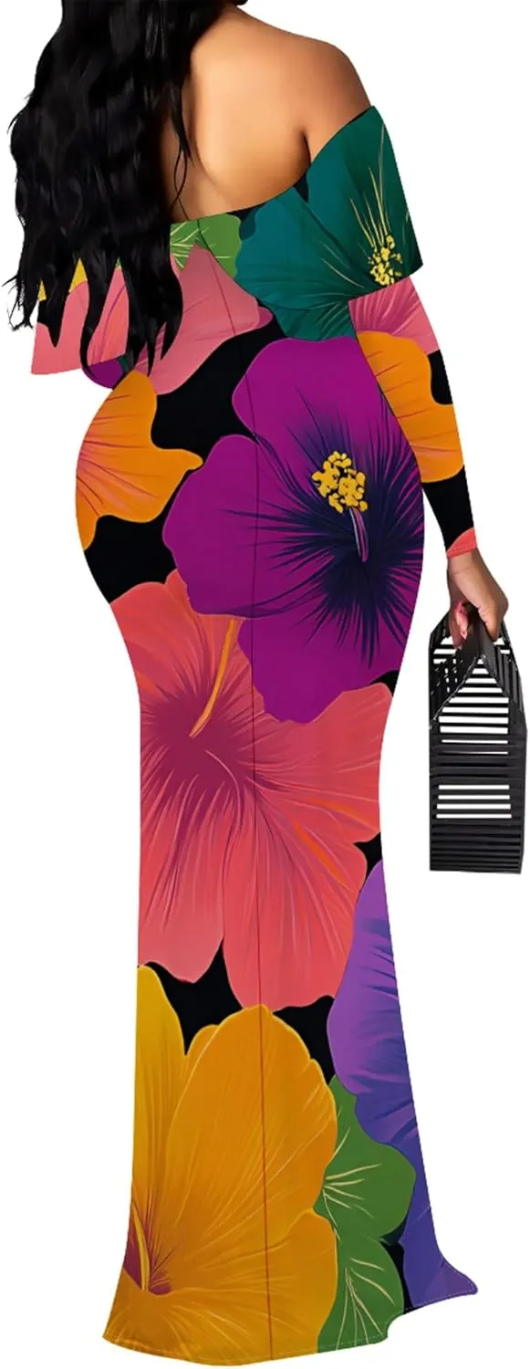Women's Sexy Midi Off Shoulder Long Sleeve Bodycon Dresses Date Club Party Casual Maxi Dress