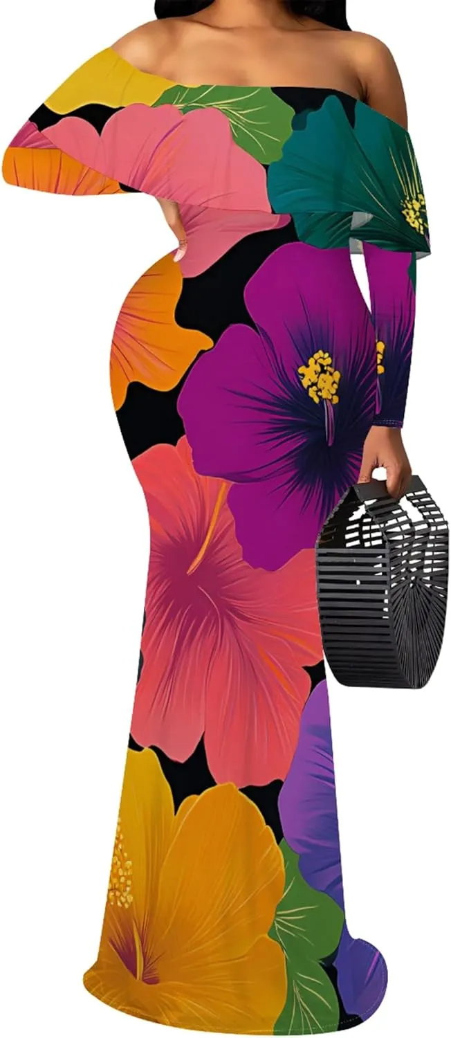 Women's Sexy Midi Off Shoulder Long Sleeve Bodycon Dresses Date Club Party Casual Maxi Dress