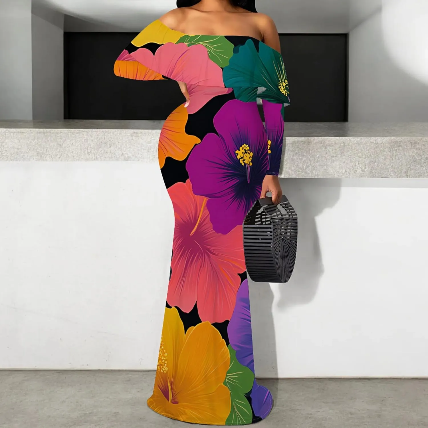 Women's Sexy Midi Off Shoulder Long Sleeve Bodycon Dresses Date Club Party Casual Maxi Dress