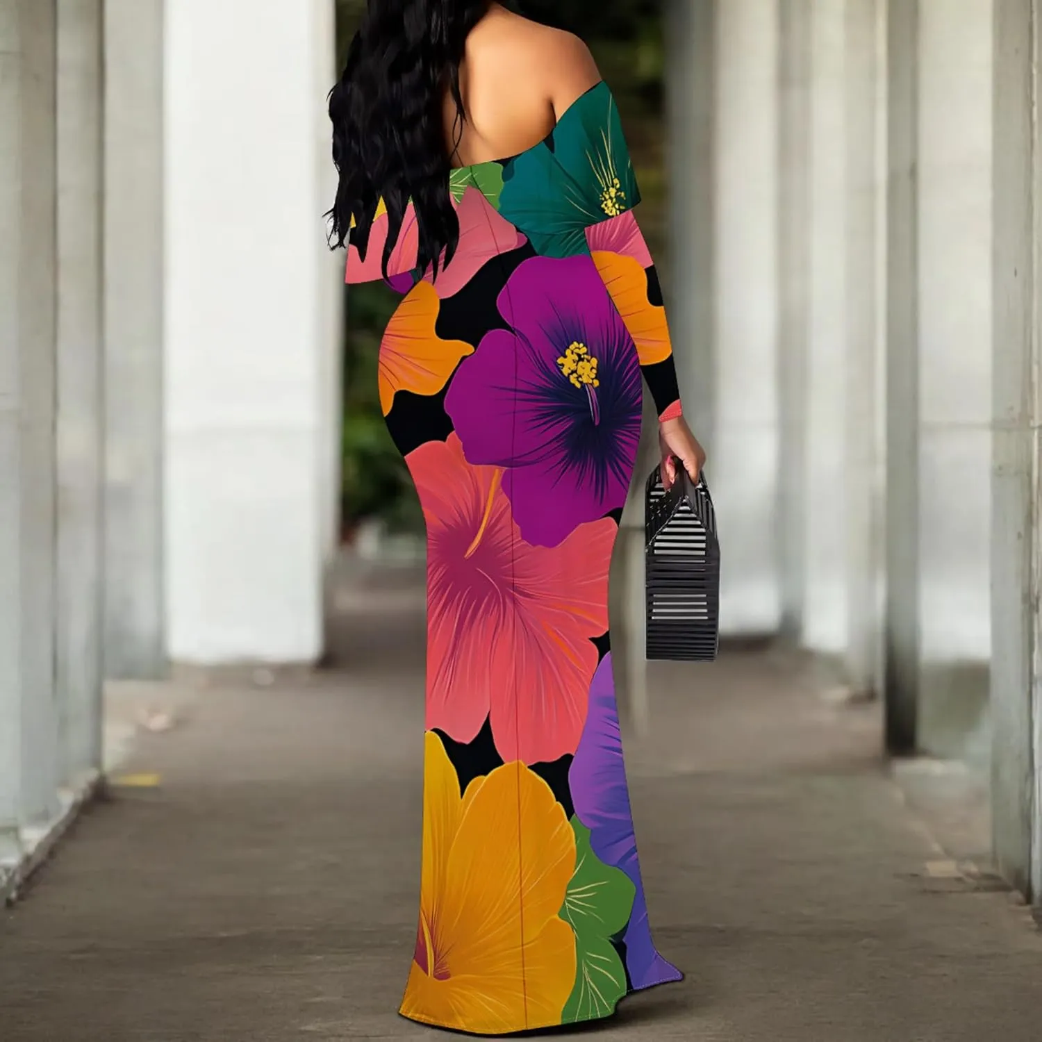 Women's Sexy Midi Off Shoulder Long Sleeve Bodycon Dresses Date Club Party Casual Maxi Dress
