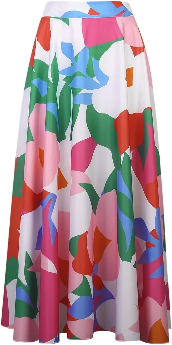 Women's Skirts for Summer Vacation Womens Flowy Boha Skirts Bohemian Floral Print High Elastic Waist Casual Long Skirts
