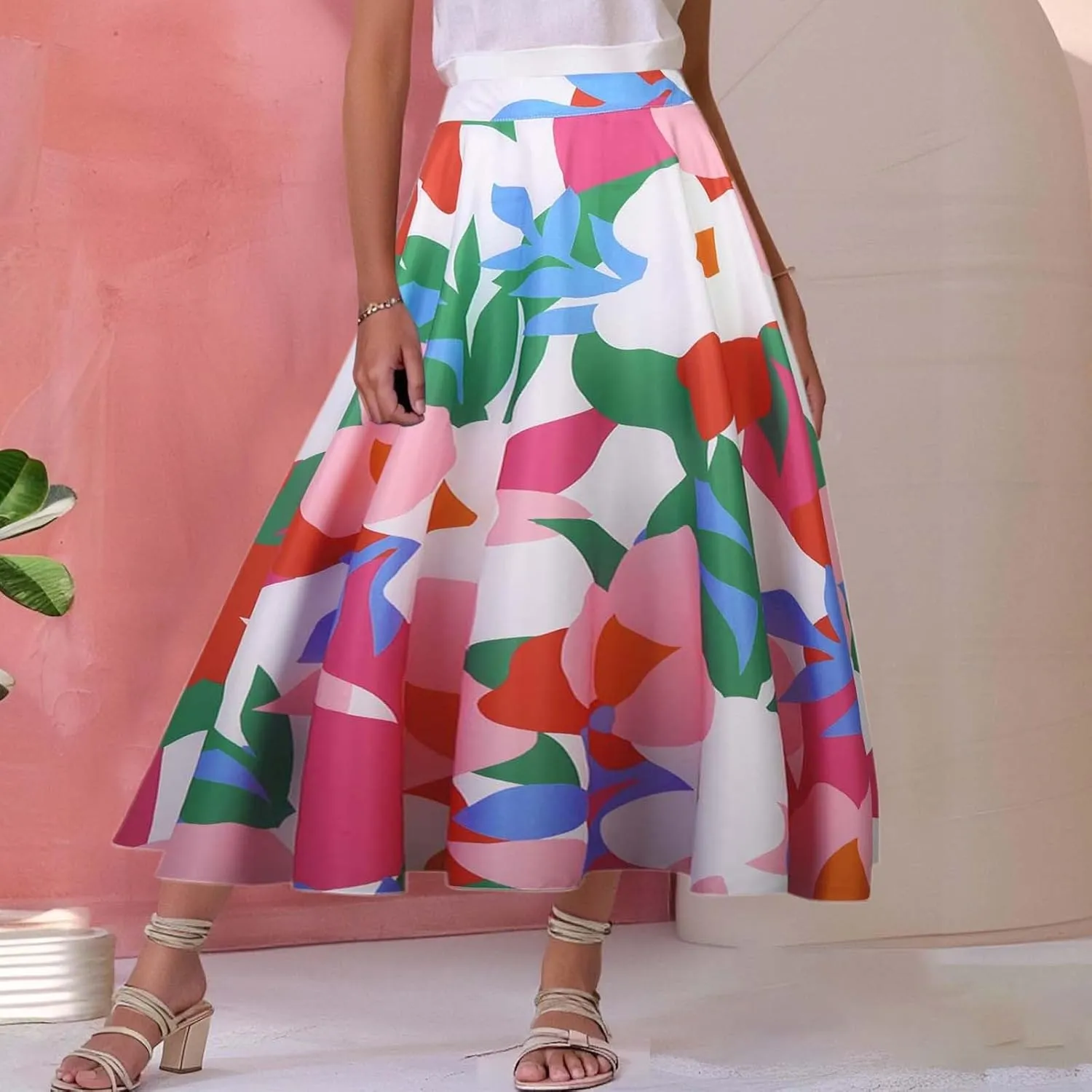 Women's Skirts for Summer Vacation Womens Flowy Boha Skirts Bohemian Floral Print High Elastic Waist Casual Long Skirts