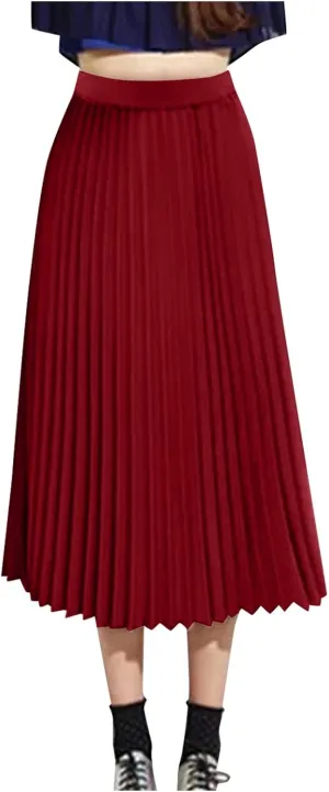 Women's Skirts Trendy Summer Casual Loose Elastic High Waist Solid Color Pleated Sun Beach Midi Skirt, S-XL