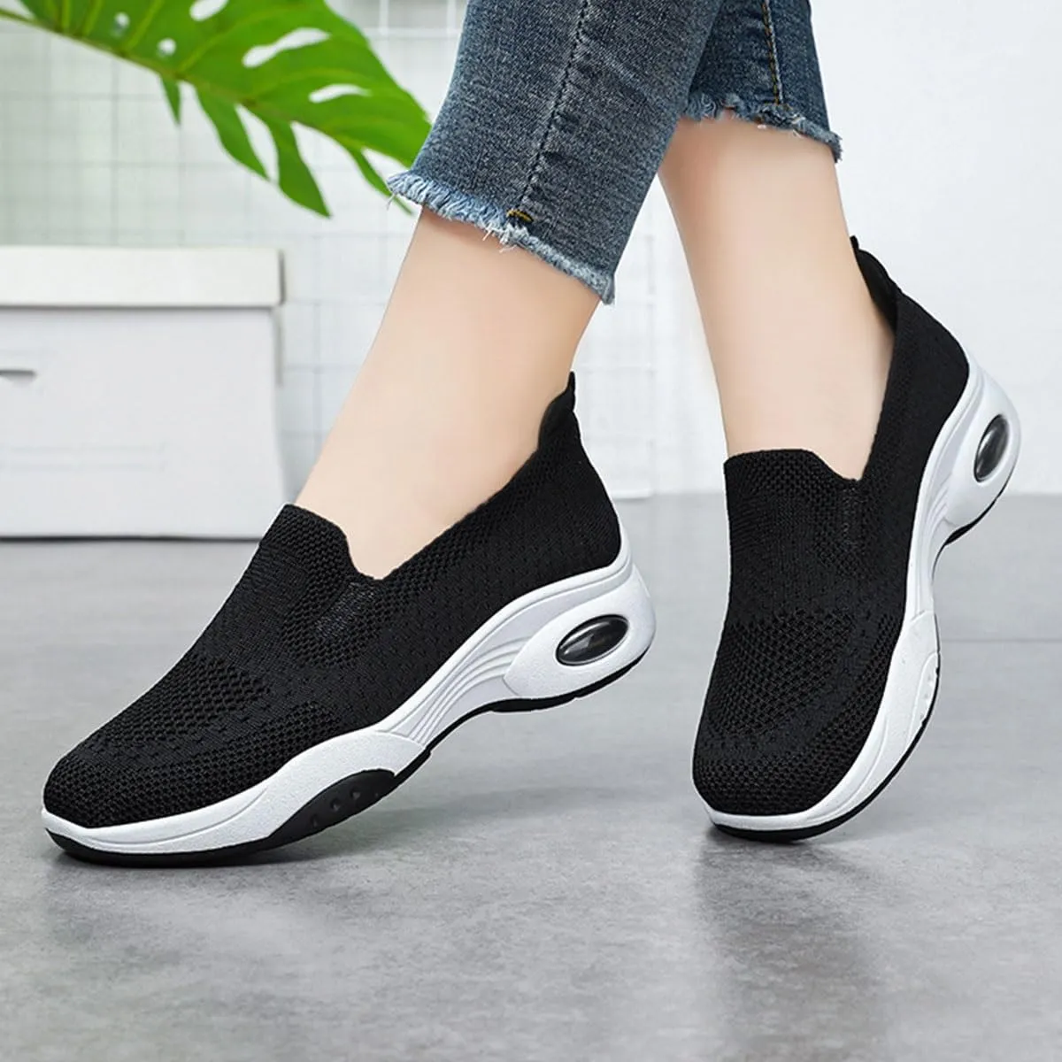 Womens Slip-on Sneakers Casual Walking Shoes Soft Sole Orthopedic Shoes Comfortable Knitted Mesh Sneakers Workout Gym Running Sneaker Pull-on Daily Shoes