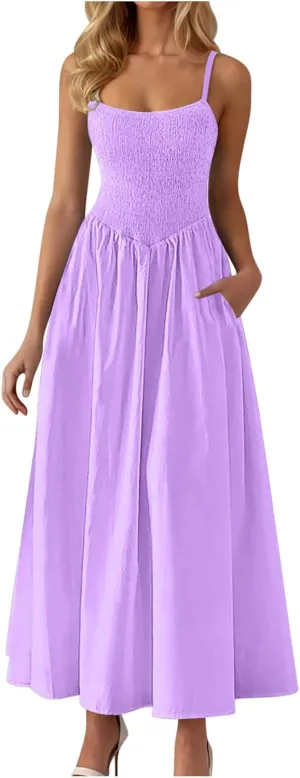 Womens Smocked Maxi Dresses 2025 Summer Trendy Beach Sundress Casual Spaghetti Strap Swing Flowy A Line Long Dress