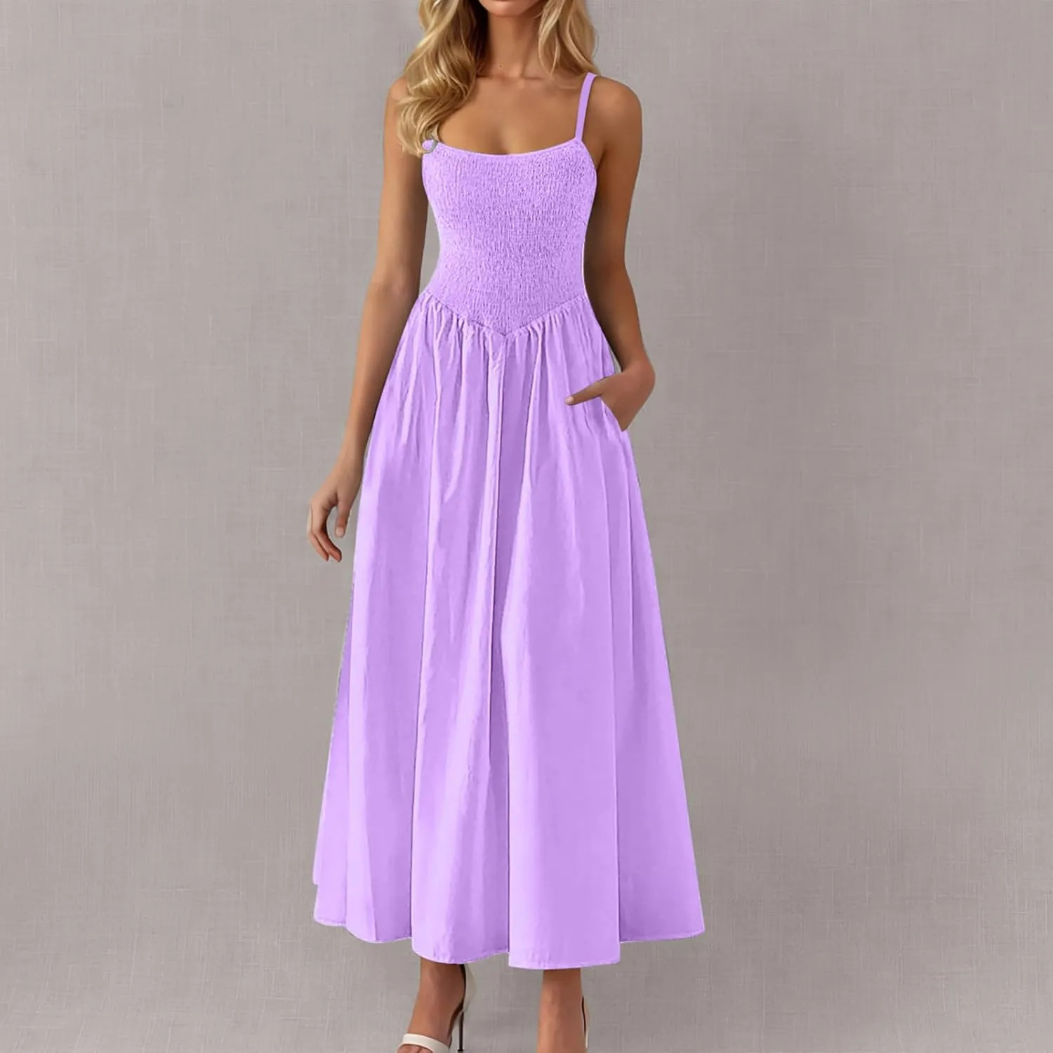 Womens Smocked Maxi Dresses 2025 Summer Trendy Beach Sundress Casual Spaghetti Strap Swing Flowy A Line Long Dress