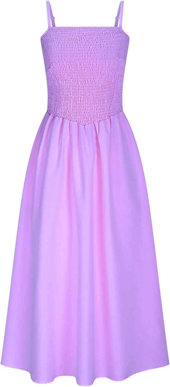 Womens Smocked Maxi Dresses 2025 Summer Trendy Beach Sundress Casual Spaghetti Strap Swing Flowy A Line Long Dress