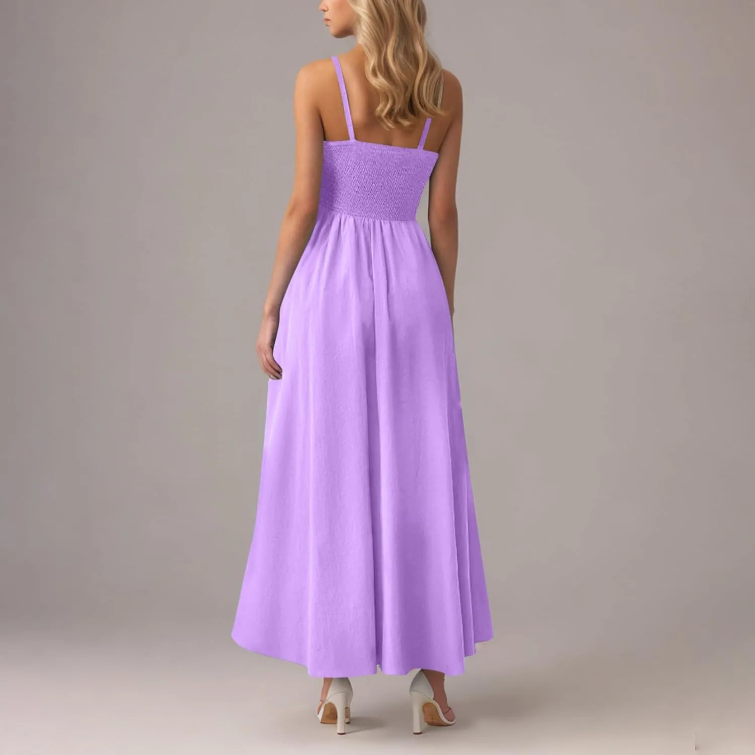 Womens Smocked Maxi Dresses 2025 Summer Trendy Beach Sundress Casual Spaghetti Strap Swing Flowy A Line Long Dress