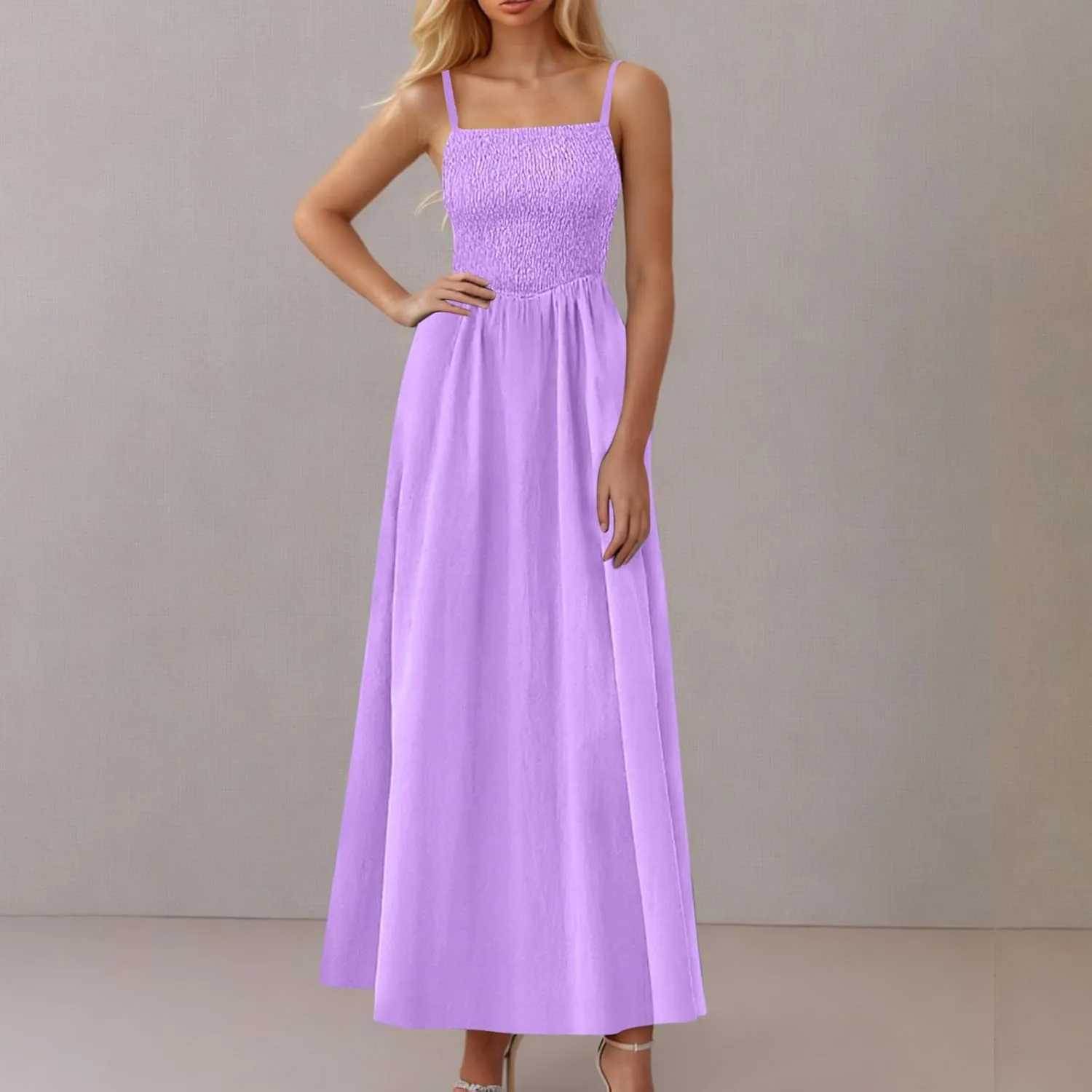 Womens Smocked Maxi Dresses 2025 Summer Trendy Beach Sundress Casual Spaghetti Strap Swing Flowy A Line Long Dress