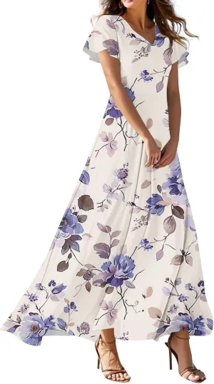 Womens Spring Dresses,Women's Loose Casual V-Neck Short Sleeved High Waisted Print Chiffon Dress