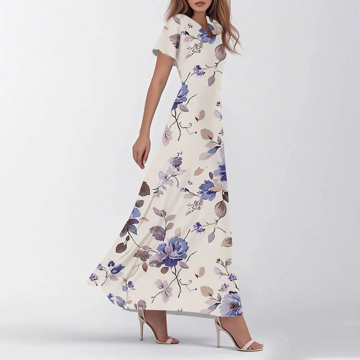 Womens Spring Dresses,Women's Loose Casual V-Neck Short Sleeved High Waisted Print Chiffon Dress