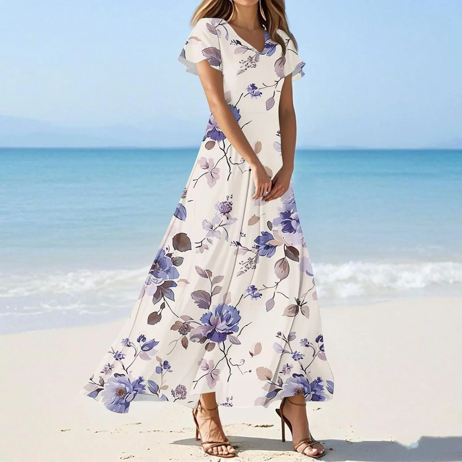 Womens Spring Dresses,Women's Loose Casual V-Neck Short Sleeved High Waisted Print Chiffon Dress