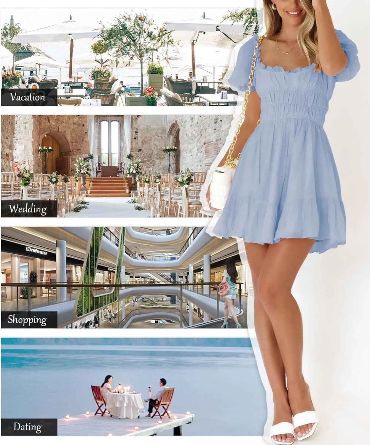 Women's Square Neck Puff Sleeve Mini Dresses Ruffle Elastic Waist A-Line Elegant Summer Casual Flowy Mini Dress